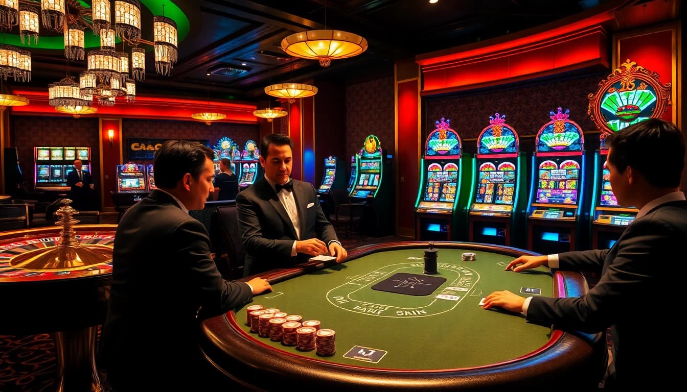 Experience the thrill at sodocasino with players enjoying a lively poker game surrounded by roulette wheels and slot machines.