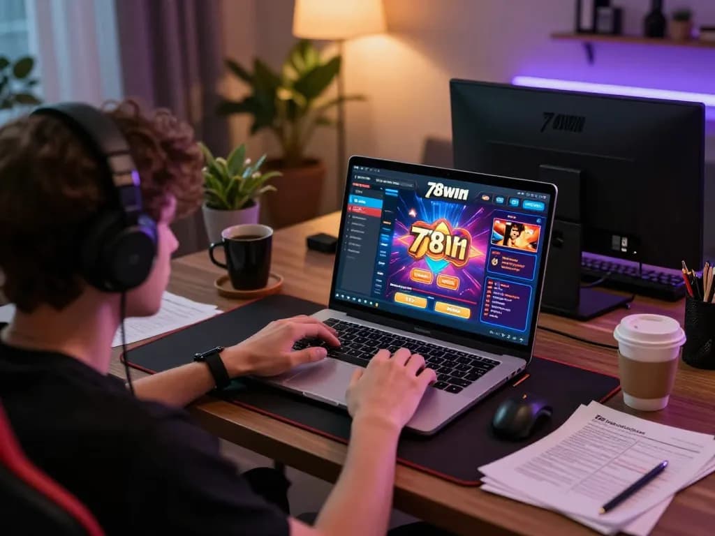 Engaged player enjoying an online game at 78win casino on laptop with vibrant atmosphere