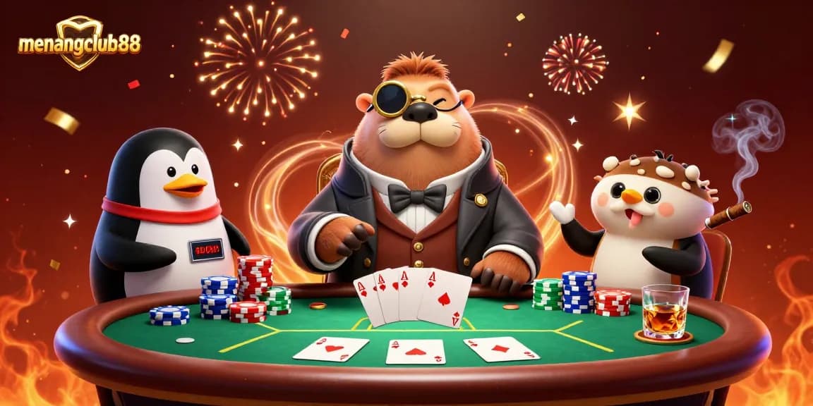 Experience the excitement at menangclub88 with a jolly walrus playing poker underwater amidst vibrant casino elements.