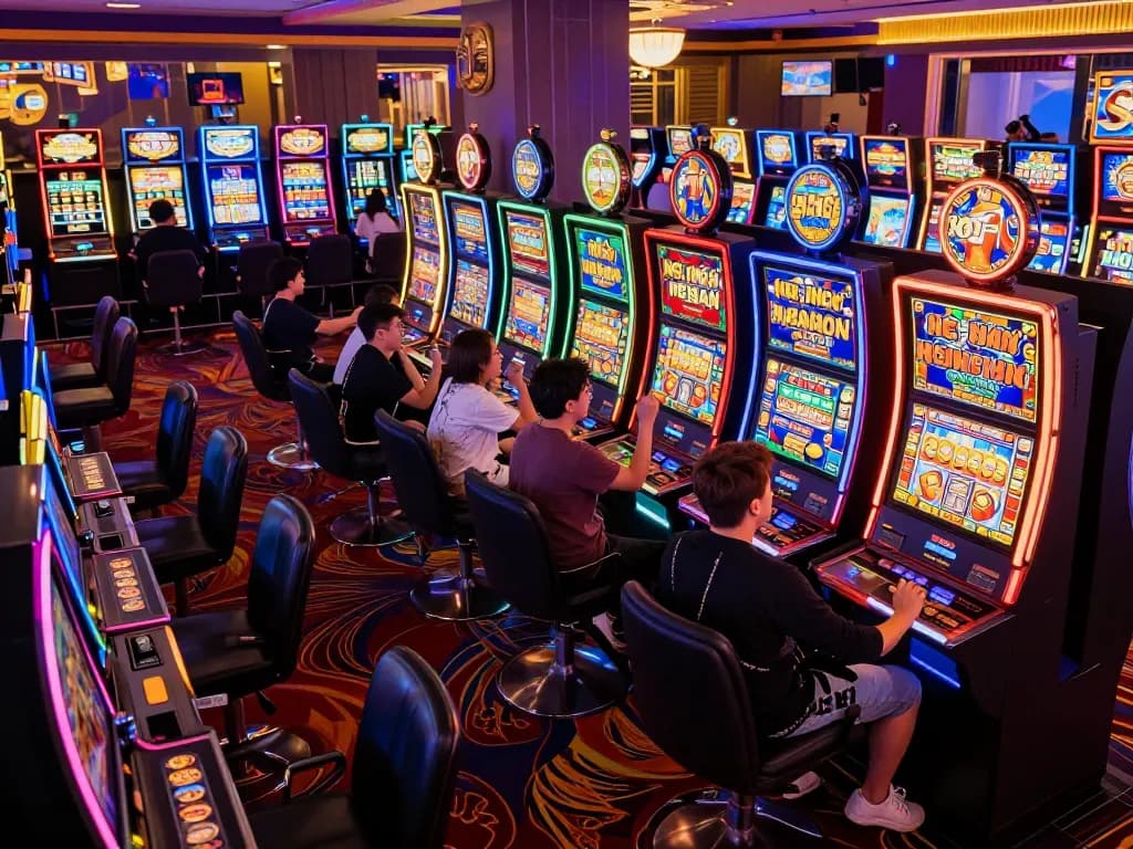 Players celebrating wins on colorful nổ hũ slot machines in a vibrant casino atmosphere.