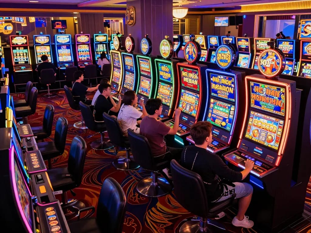 Players celebrating wins on colorful nổ hũ slot machines in a vibrant casino atmosphere.