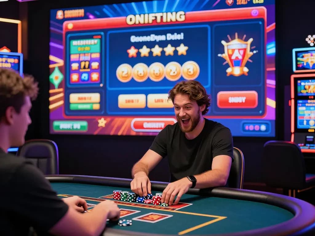Winstrike69 user engaging with vibrant online casino interface showcasing excitement and gaming elements.