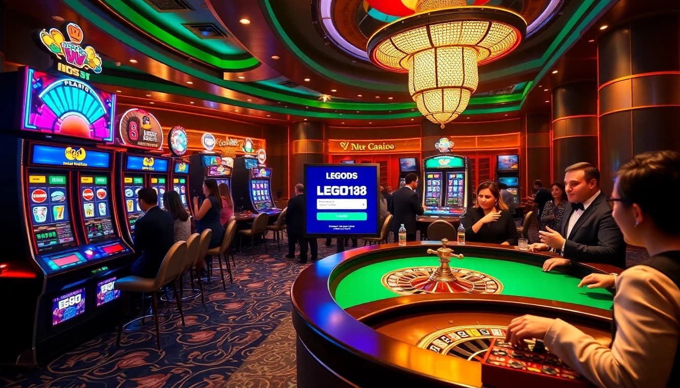 Excited gamblers engaging with the LEGO138 login interface at a vibrant casino.