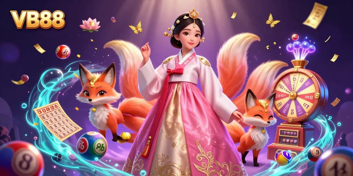 Enhance your gaming adventure with VB88, featuring a glamorous woman, lucky fox, and vibrant lottery elements.