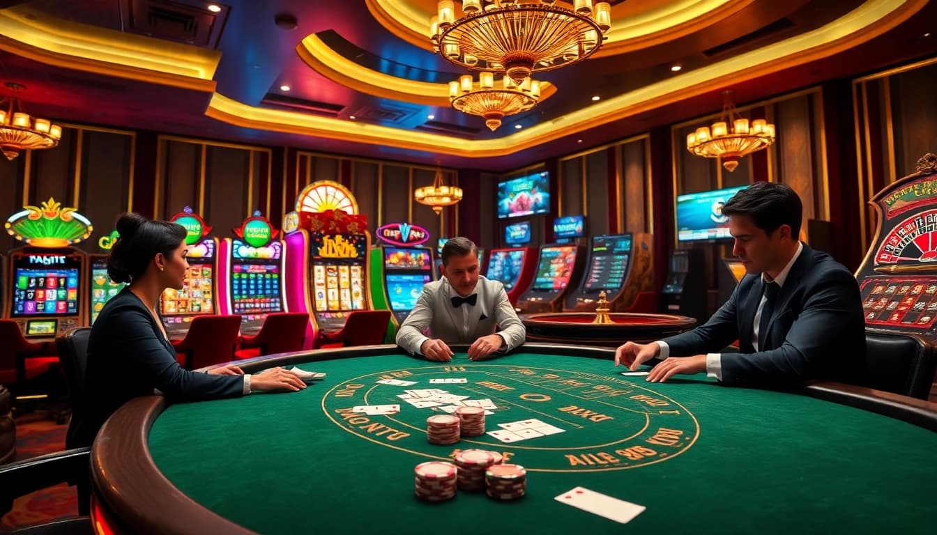 High-stakes poker action at KJC, featuring vibrant chips and luxurious casino ambiance.