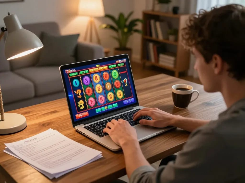 Engaging online gaming scene at 78win with a player focused on slot game winning strategies.