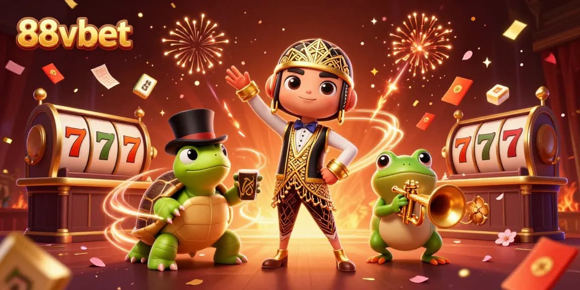 Experience gaming excitement at 88vbet with vibrant characters and festive casino elements.