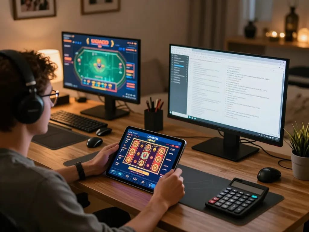LIGALGO player engaging with online casino app in a cozy home office setting, emphasizing responsible gaming strategy.