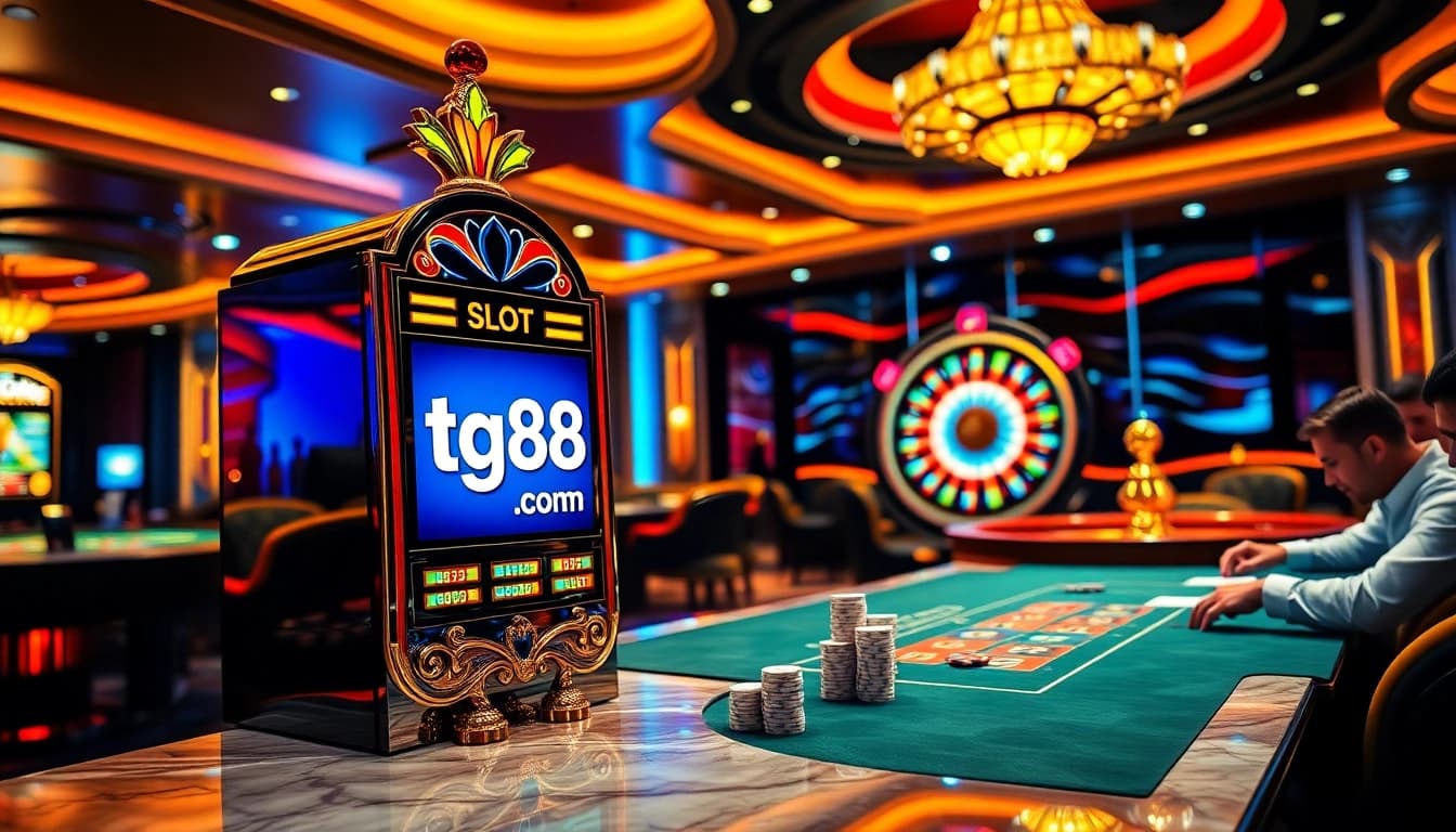 Engage with the vibrant atmosphere of tg88.com casino, featuring luxury slot machines and players enjoying poker.