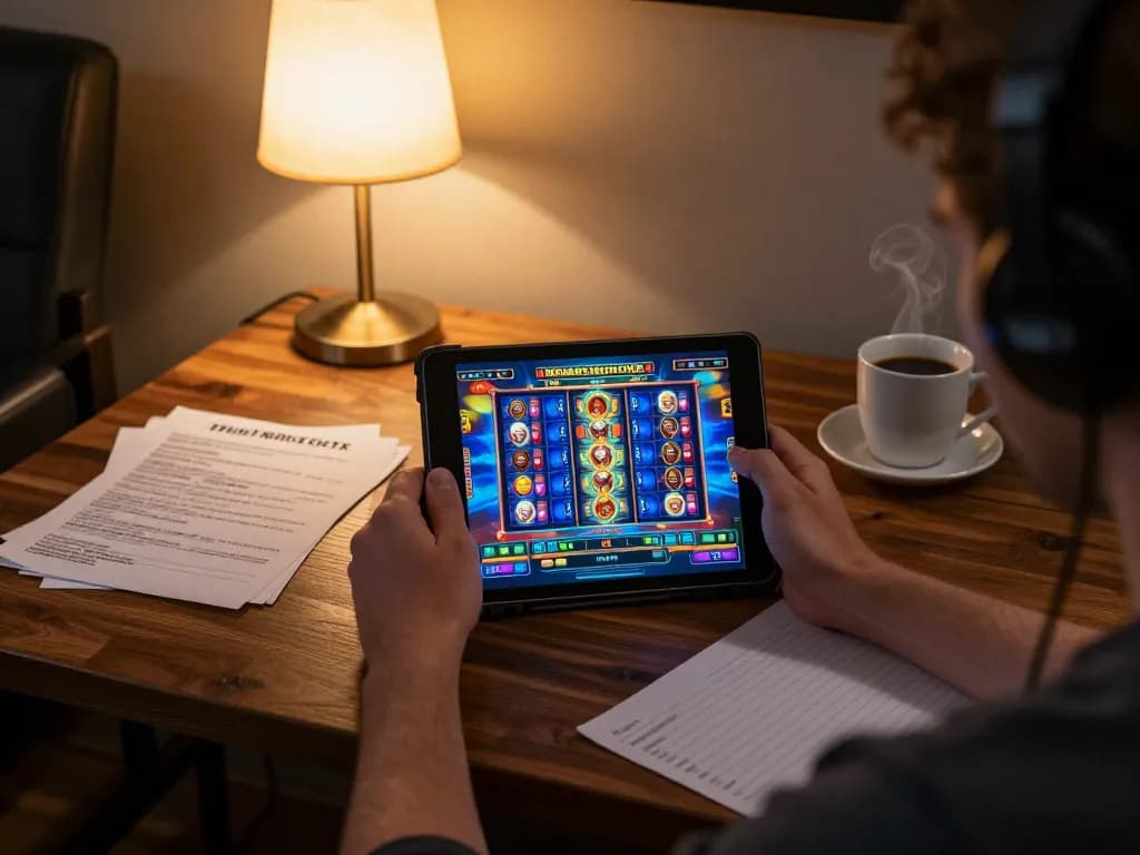 Engaged player navigating a Pragmatic Slot game on a tablet in a cozy home setting.