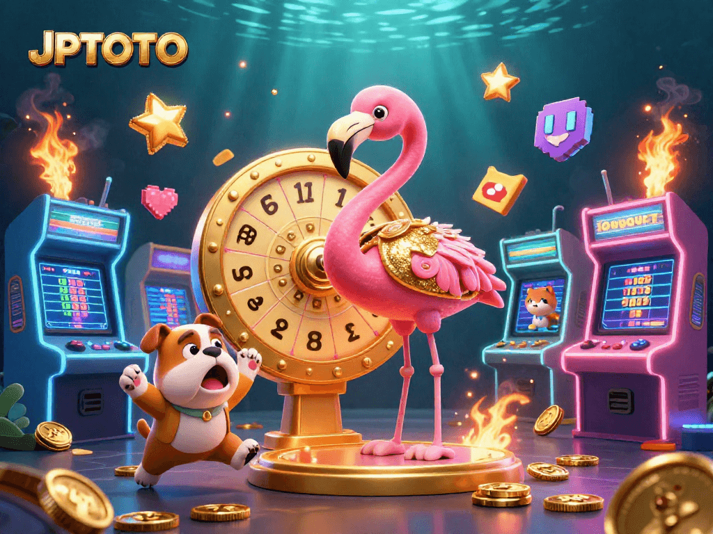 Join the fun with JPTOTO as the flamingo host spins for prizes in a vibrant casino scene.