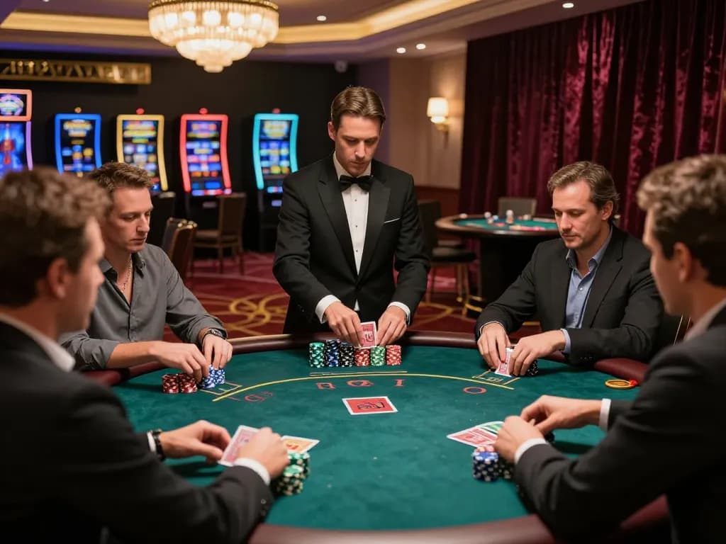 Engaged players at KP88 blackjack table using strategic gameplay to maximize their odds in an upscale casino.