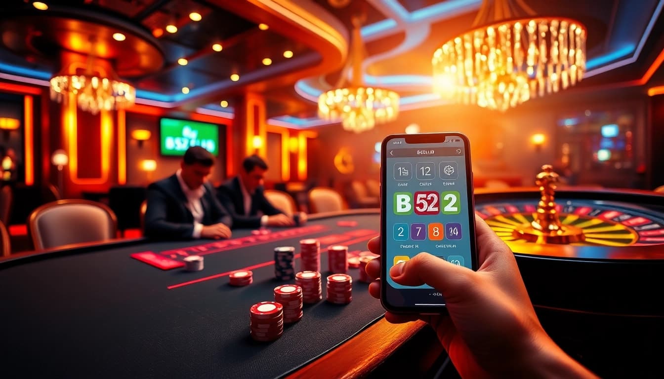 B52CLUB's exciting gambling scene with vibrant poker table and roulette wheel showcasing high stakes.