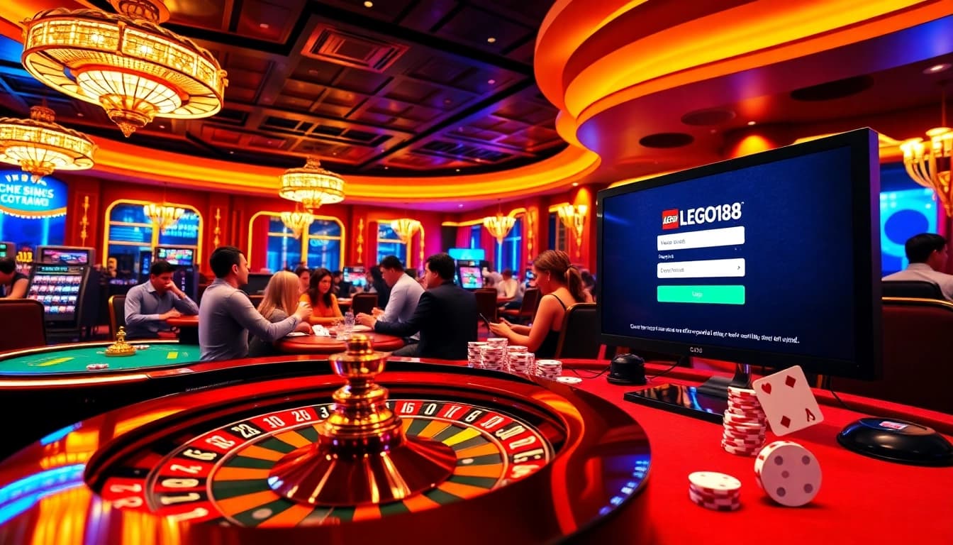 Experience the excitement of LEGO138 login with vibrant casino visuals showcasing poker chips and a roulette wheel.