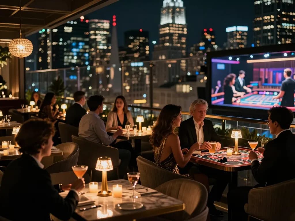 F168 players enjoying a sophisticated rooftop gambling experience with cocktails and roulette.