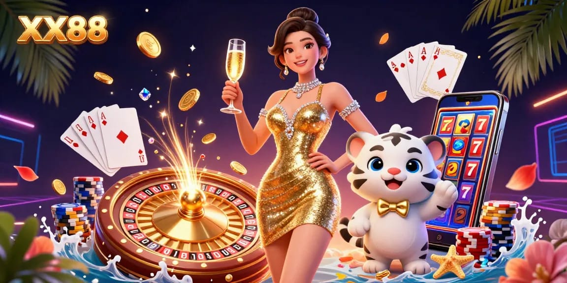 Experience the excitement of gambling at XX88 with a glamorous character and a lucky tiger amidst sparkling casino elements.