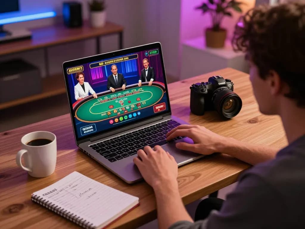 Playing live dealer games on luck8 com from a cozy home office, laptop displaying vibrant casino action.