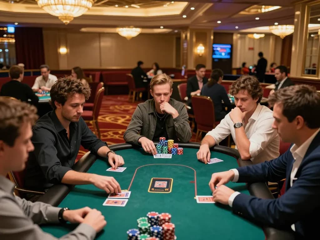 Players engaging in a competitive poker game at five88a casino with high-stacked chips and tense atmosphere.