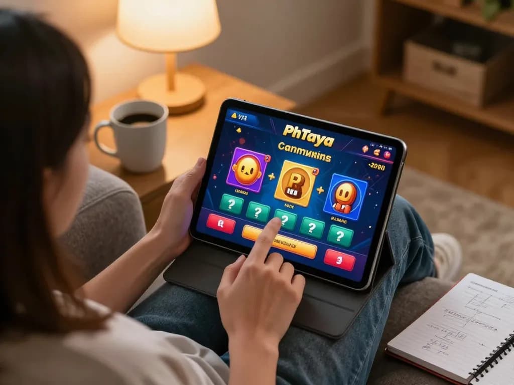 Player engaged in online gambling with PhTaya app visible on tablet, cozy atmosphere and strategic notes nearby.