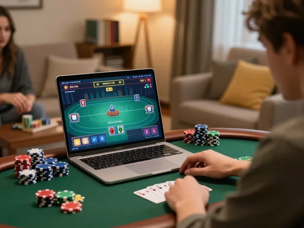 Player strategizing at home casino setup on trang chủ uu88 with poker game displayed.