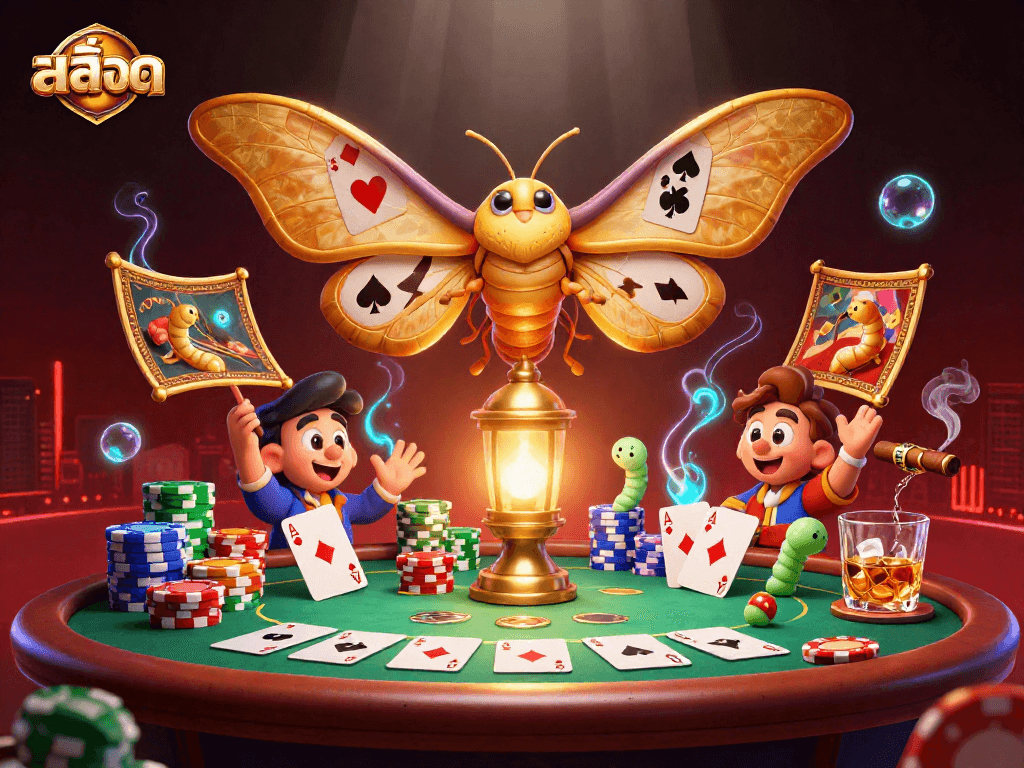 Spin the reels of สล็อต as a vibrant scene unfolds with golden moths and poker elements