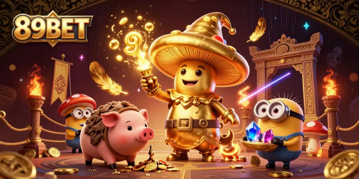 89BET offers an engaging experience with a magical scene of a wizard, treasure pig, and mushroom minions amidst vibrant casino elements.