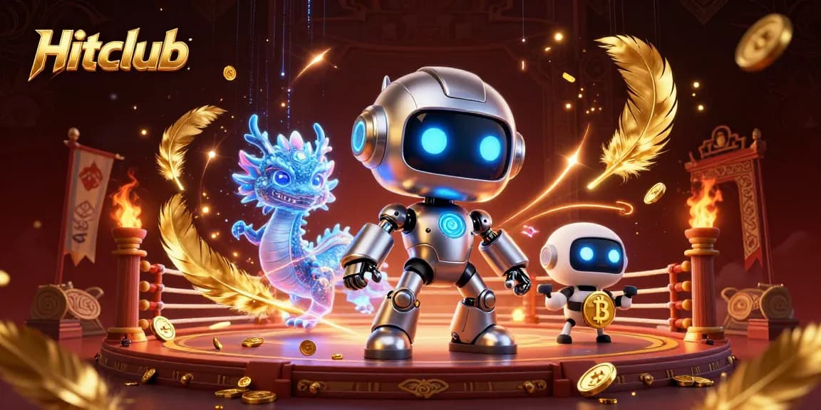 Hitclub robot mascot and AI dragon showcase exciting casino elements in a vibrant 3D illustration.