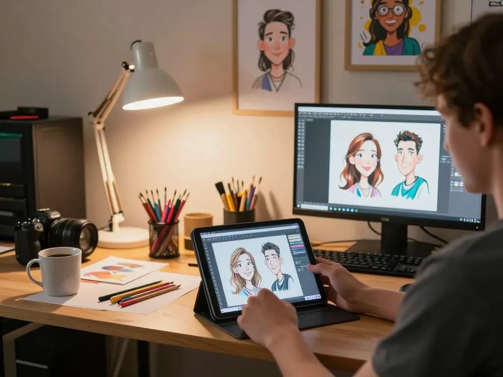 Create a Caricature using a caricature app on a tablet with a warm, inspiring creative workspace