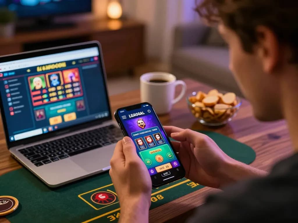 Player enjoying LGOGOAL mobile casino experience, strategically placing bets in a cozy home setting