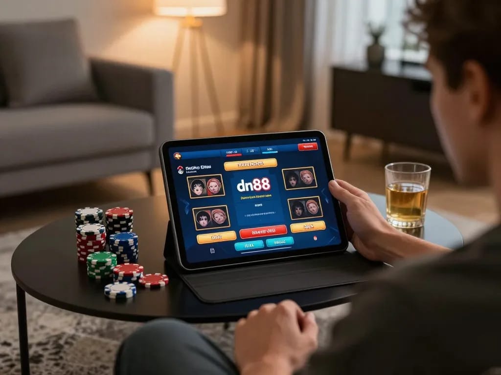 Play casino games with dn88 on a tablet in a cozy living room setup.