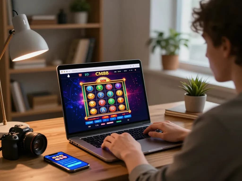 Player engaging with CM88 online casino game on laptop in cozy home setting, spotlighting gaming excitement.
