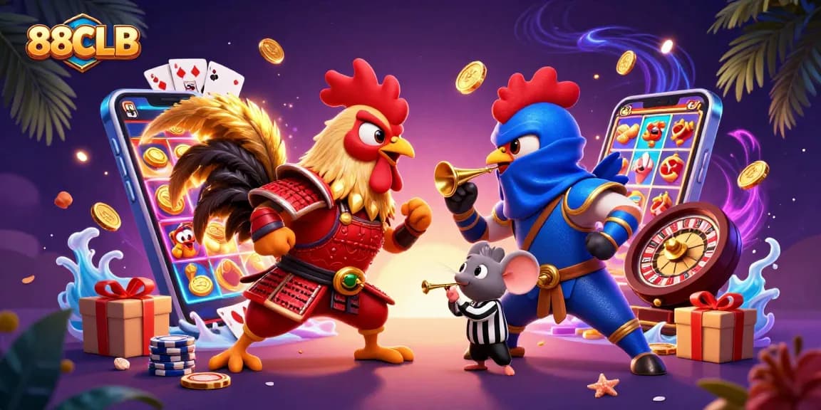 88CLB features fighting roosters in a colorful casino showdown, showcasing thrilling gaming elements.