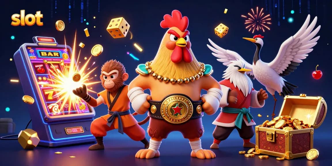 Win big with slot action featuring a Muay Thai rooster and Shaolin monkey amidst jackpot chaos.