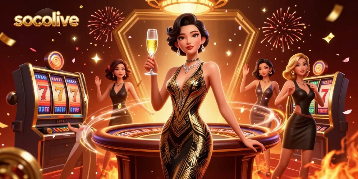 Socolive showcases an elegant Asian woman in a luxurious casino scene, with dynamic slot elements and festive details.