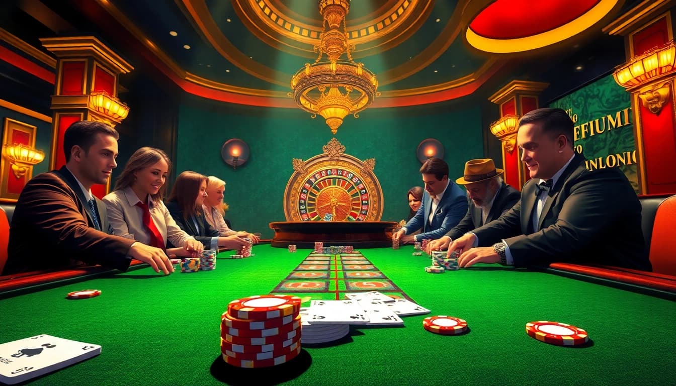 Exciting poker game at nhà cái i8bet.com with vibrant chips and dynamic players in a luxurious casino.