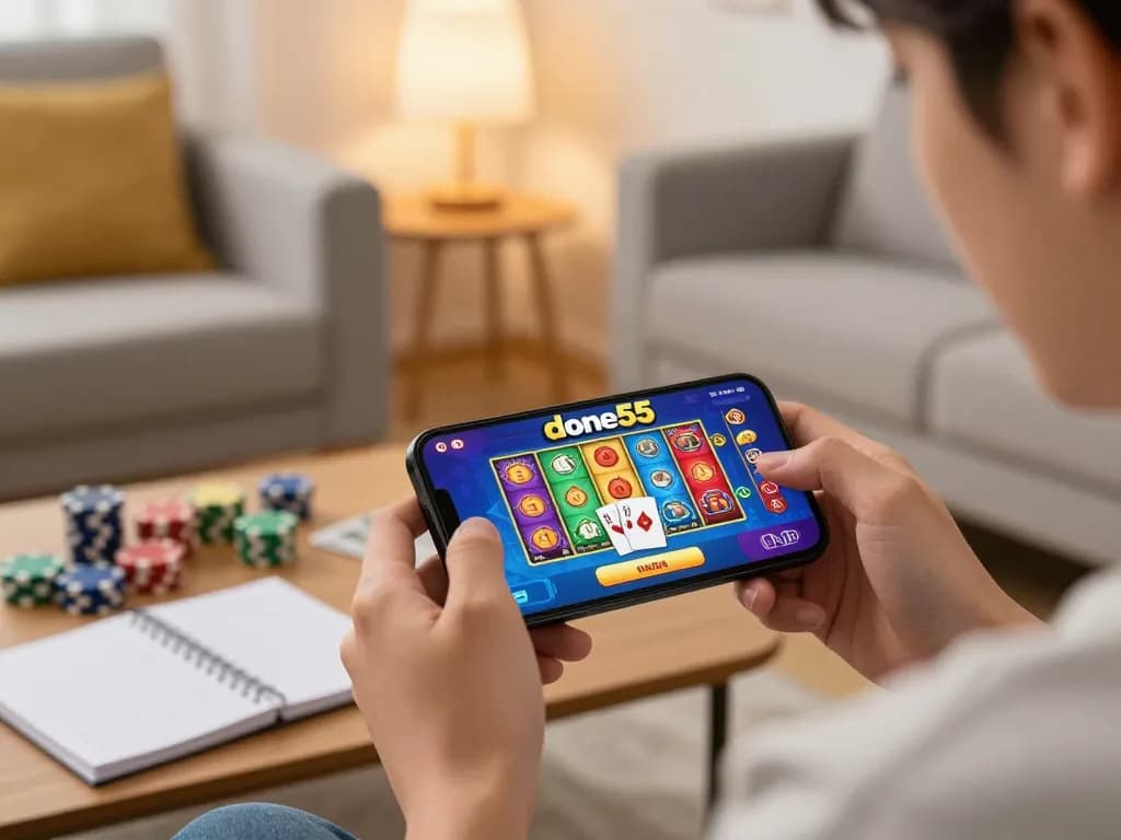 Engaged player using done55 app on smartphone for exciting online casino game.