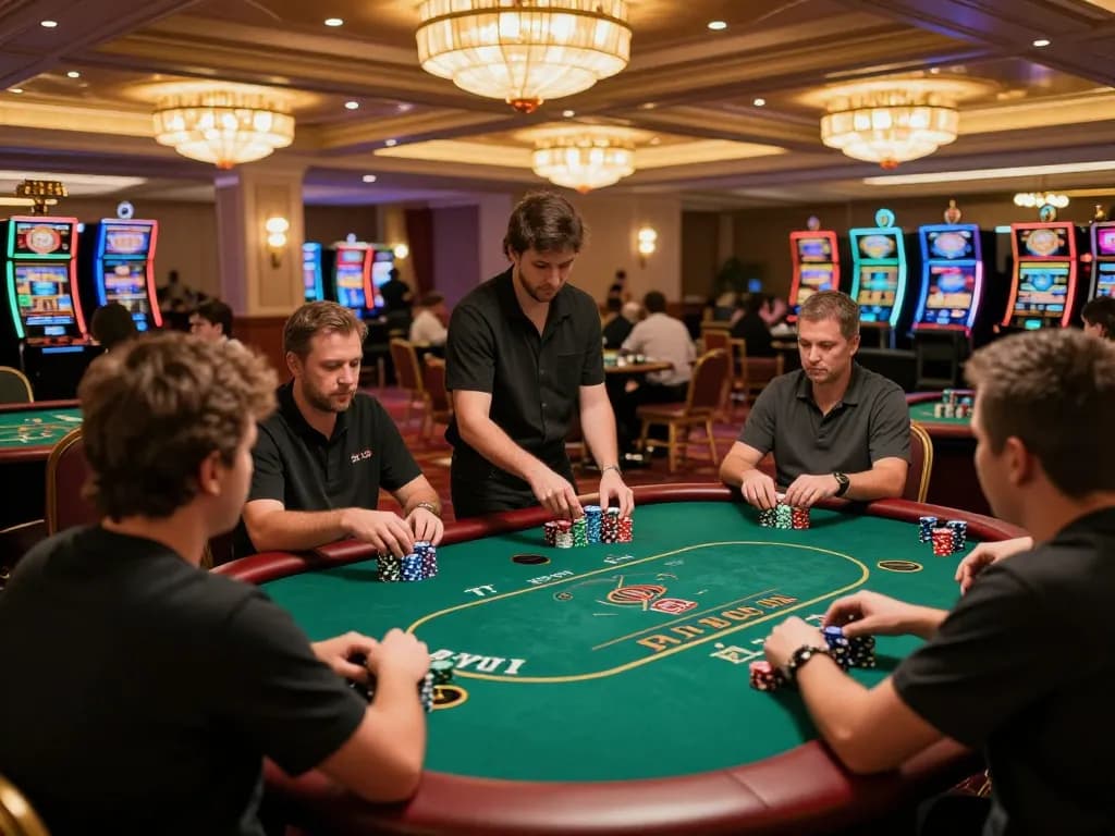 FB88 players enjoying intense poker games amidst a vibrant casino atmosphere, showcasing strategic gambling