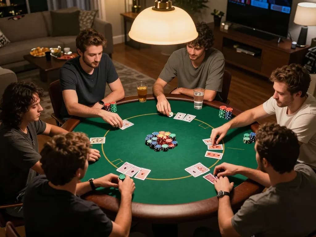 Engaged players enjoying a rewarding poker night at home, highlighting the strategic thrills of 388bet gaming.