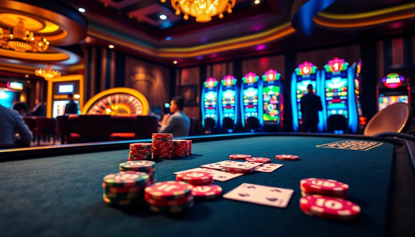Experience high-stakes excitement at https://mm88.vin/ with vibrant casino games featuring poker chips and a spinning roulette wheel.