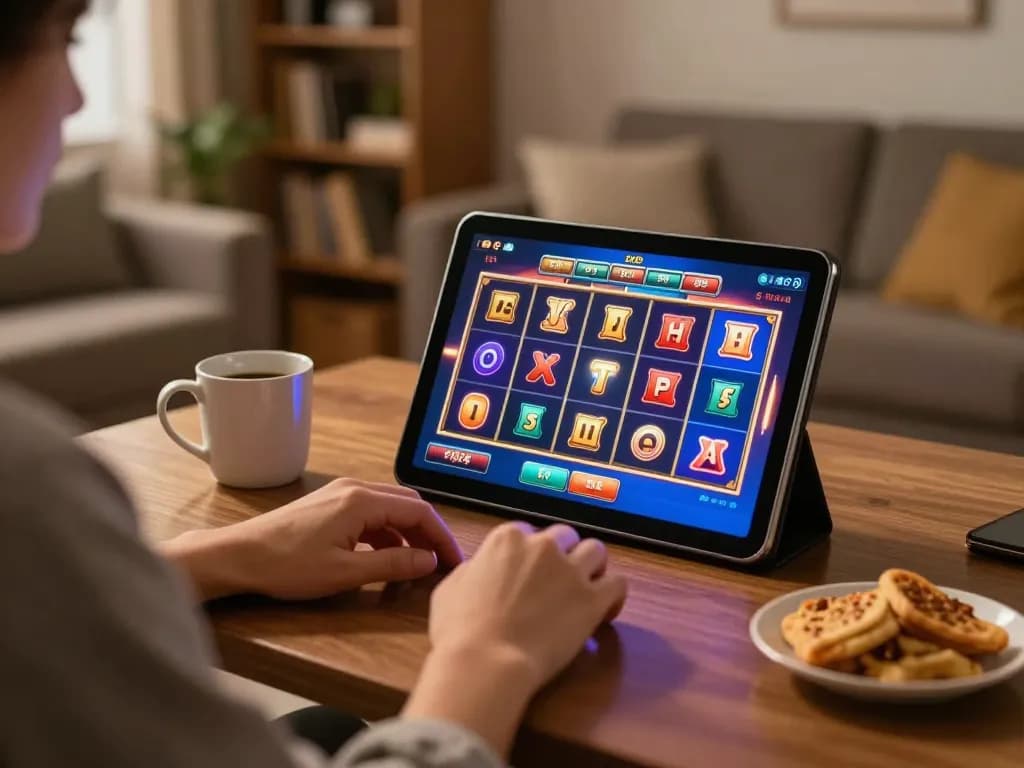 Player enjoying slots on RR88 at home with tablet, showcasing vibrant gameplay experience