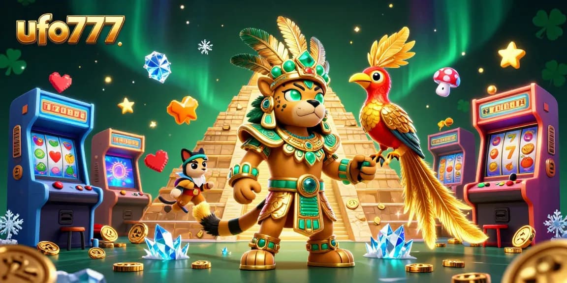 Experience thrilling slots action with ufo777's vibrant casino scene featuring Mayan jaguar priest.