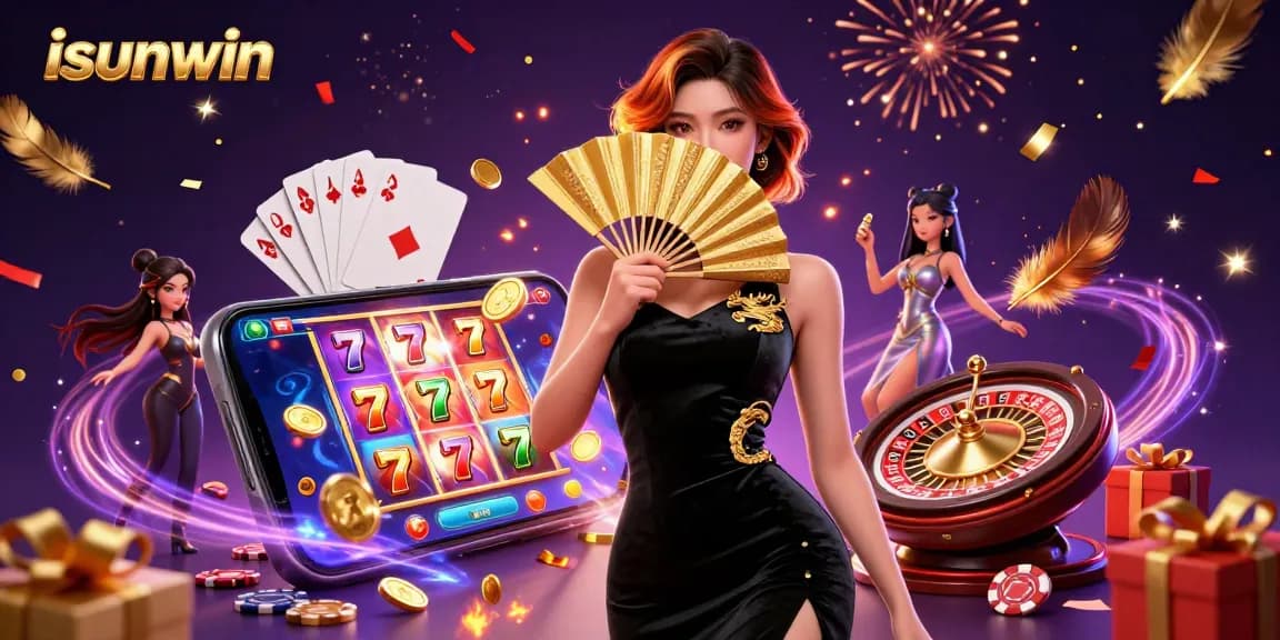 Experience thrilling gameplay with isunwin, featuring a stunning Asian woman amidst dynamic casino elements.