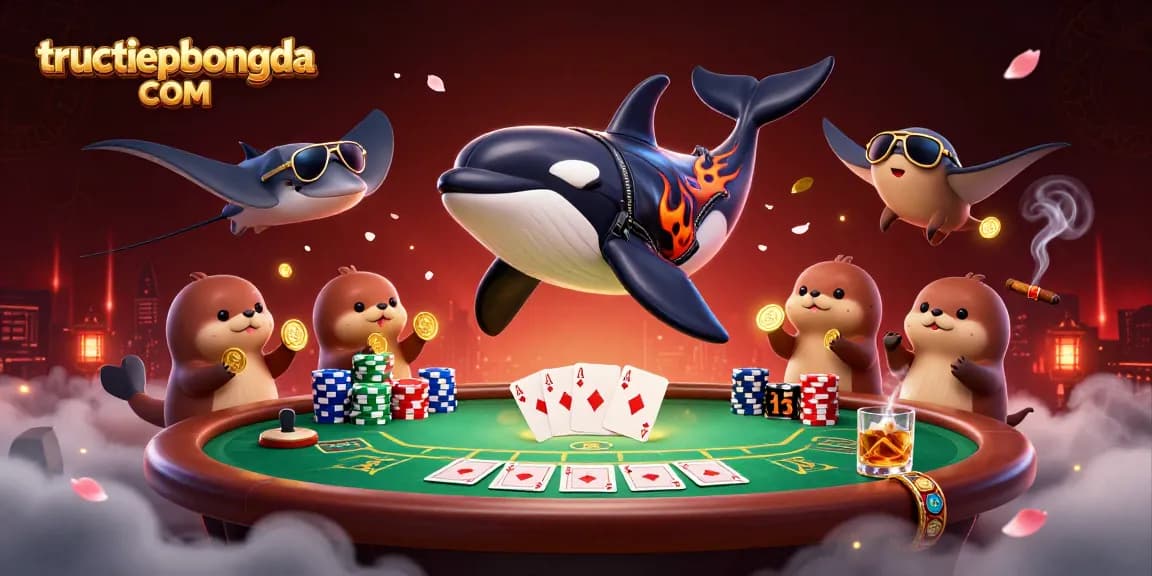 Experience thrilling online betting action with tructiepbongda COM as an orca jumps amidst a poker scene filled with colorful chips.