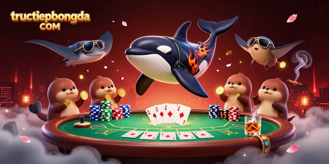 Experience thrilling online betting action with tructiepbongda COM as an orca jumps amidst a poker scene filled with colorful chips.