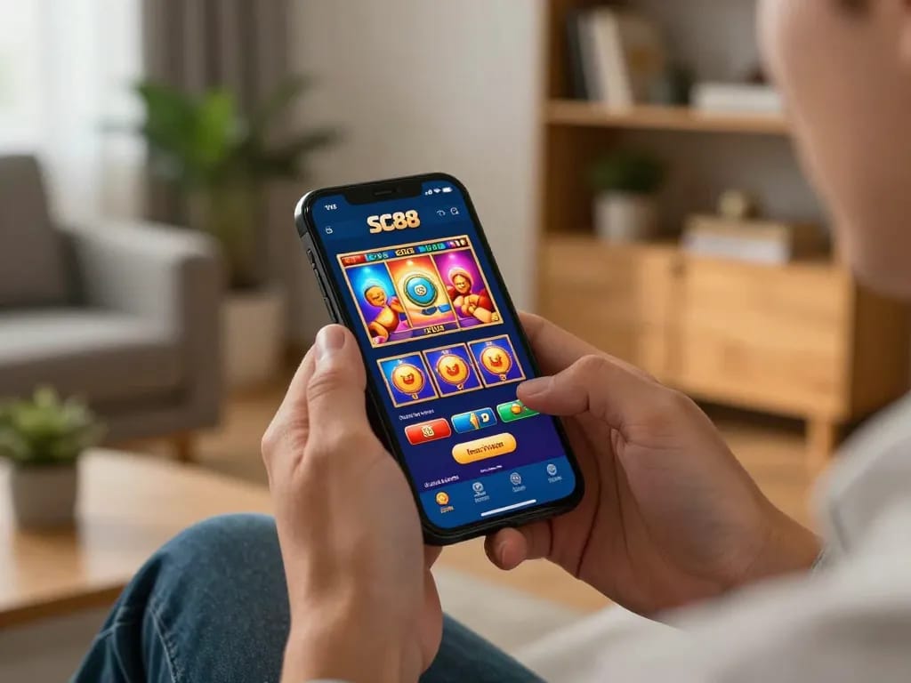 Player enjoying SC88 mobile app, engaging with vibrant slot games in a cozy home setting