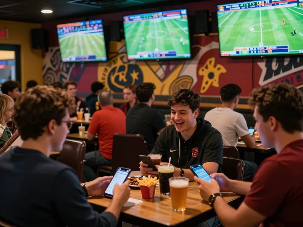 KQBD sports fans excitedly placing bets while watching live matches in a vibrant lounge.