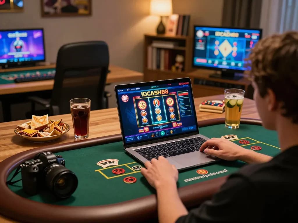 Player enjoying a live dealer game on IDCASH88 platform in a cozy home environment with laptop and snacks.