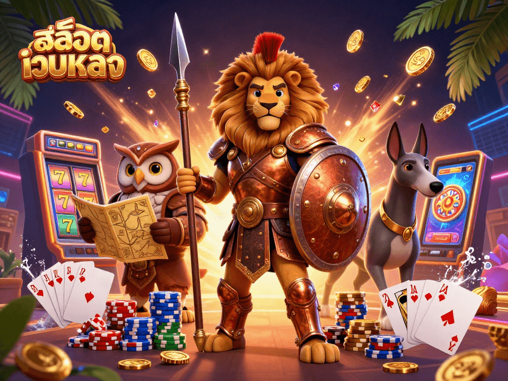 Experience thrilling สล็อตเว็บตรง gaming with a heroic lion guardian amidst dazzling casino elements.
