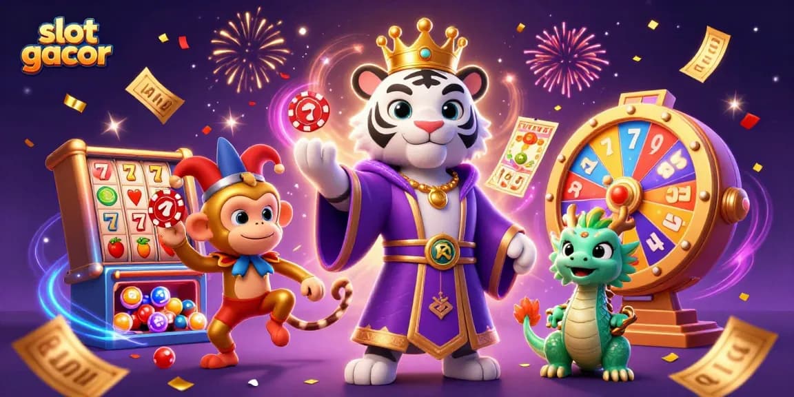Engage with slot gacor excitement as a whimsical tiger, jester monkey, and jade dragon animate the scene.