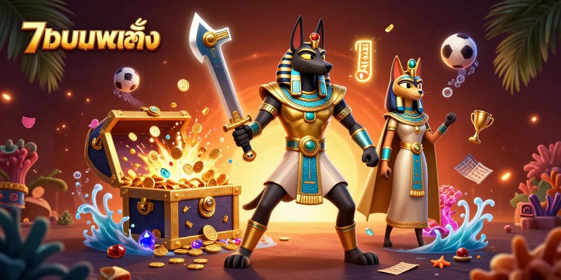 Engage in แทงบอลเต็ง with Anubis and Bastet amidst a treasure-filled underwater theme.